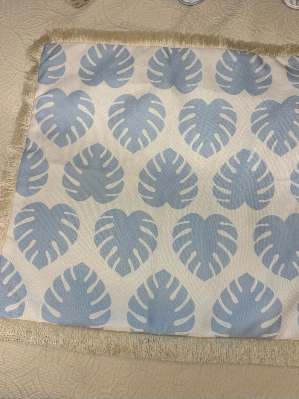 Hofdeco Premium Coastal Monstera Leaf Pillow Cover with fringe - Baby Blue 20x20